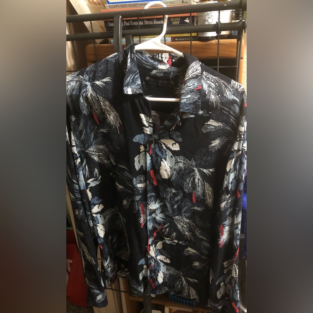 AllSaints Monteverde Long Sleeve Palm Tree Hawaiian Print Shirt